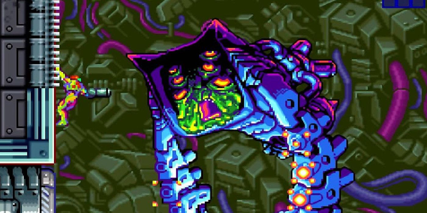 Samus clings to a wall and fires on a huge boss in Metroid Fusion