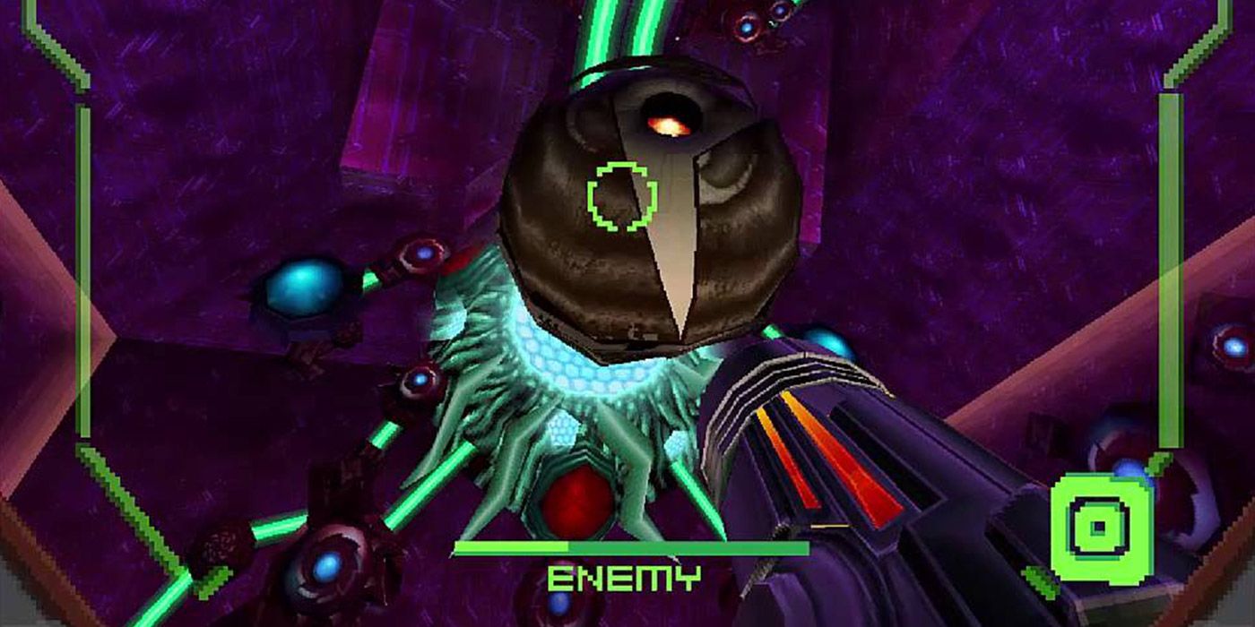 Samus fires at a large boss in Metroid Prime: Hunters