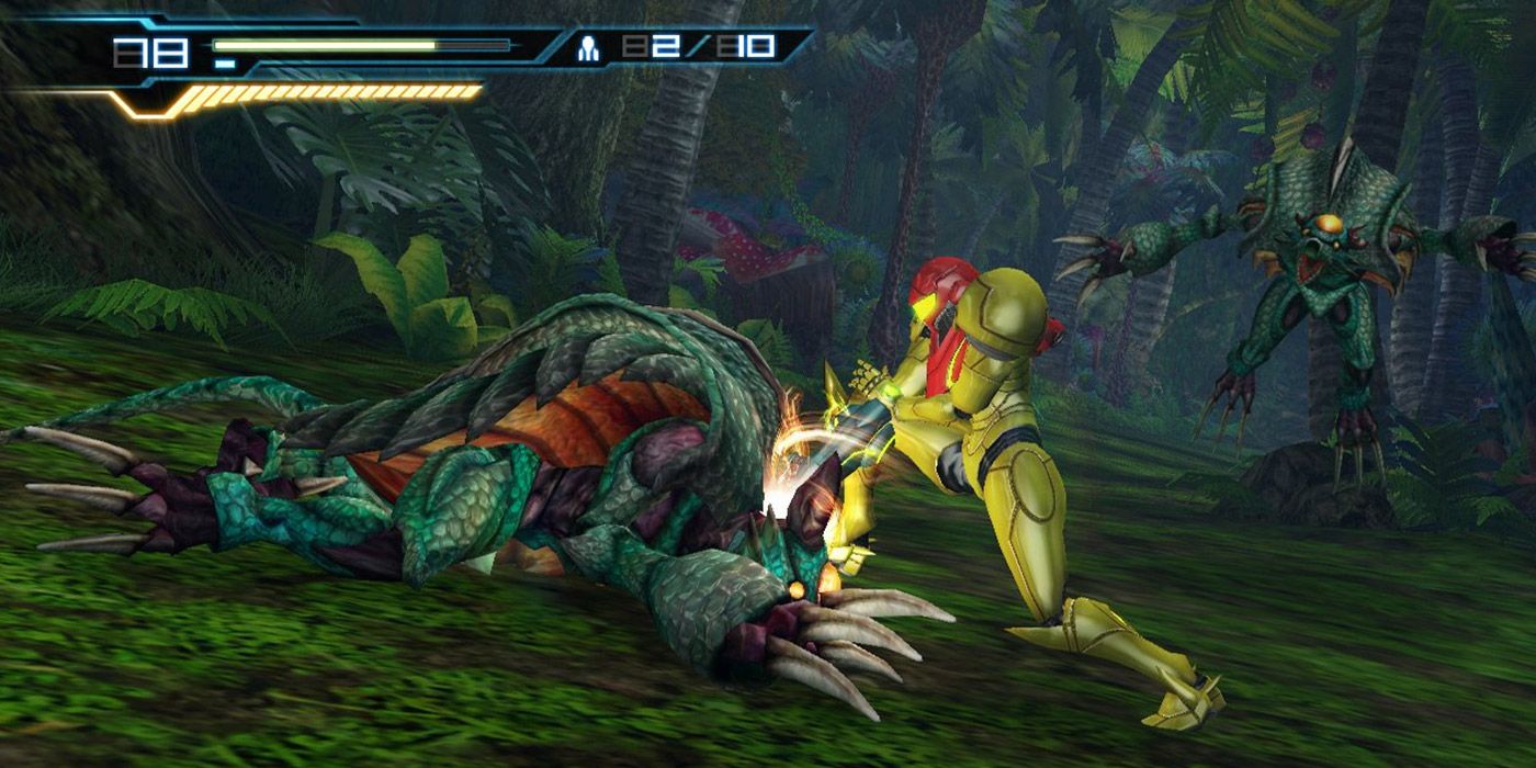 Samus takes down a large alien jungle predator in Metroid: Other M