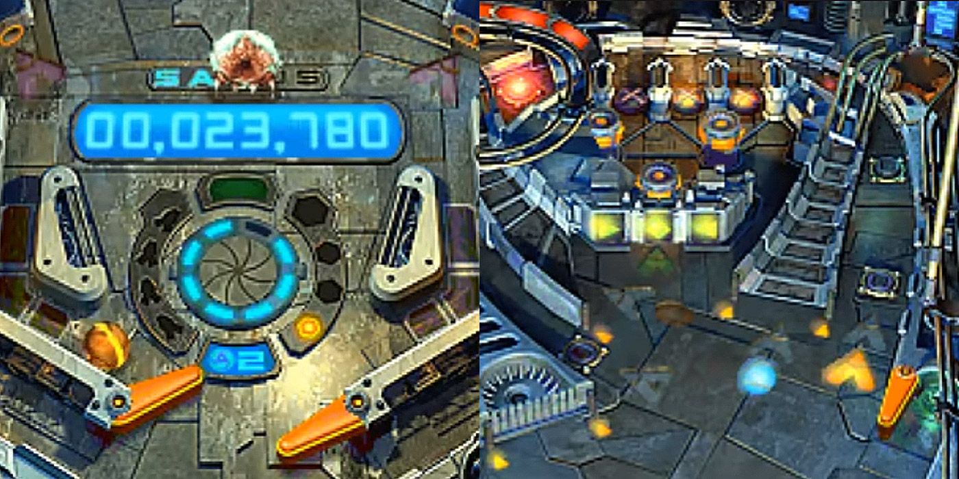 A split image of Metroid Pinball for the Nintendo DS