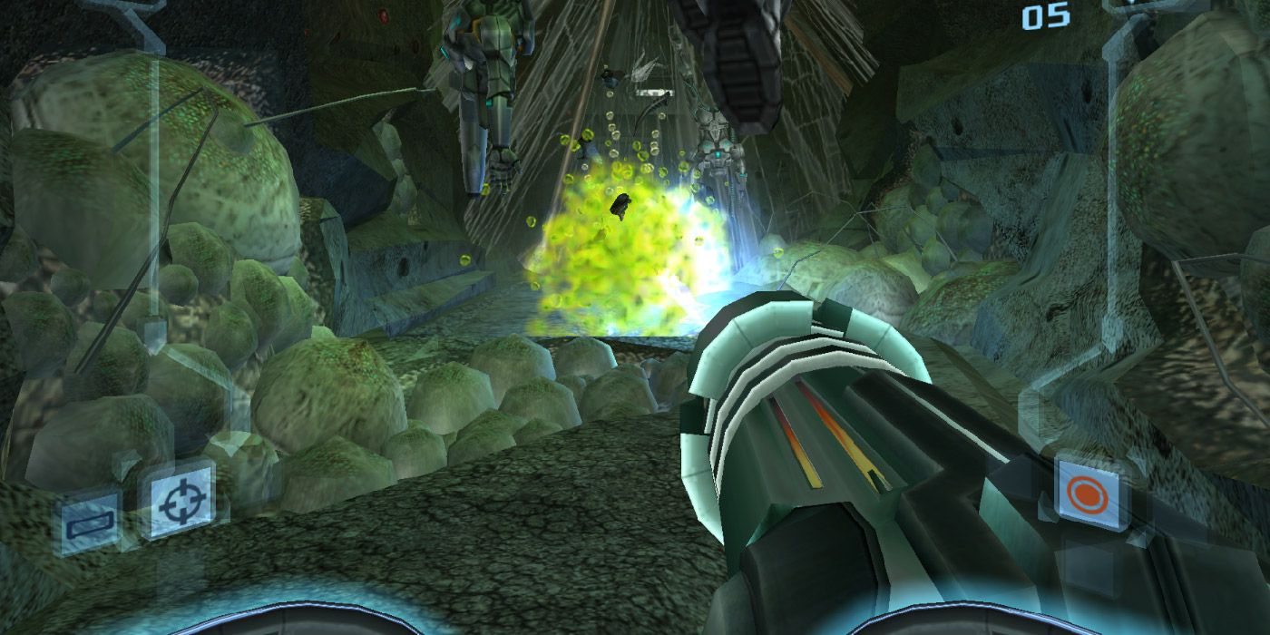 Samus firing at alien space pirates in Metroid Prime 2