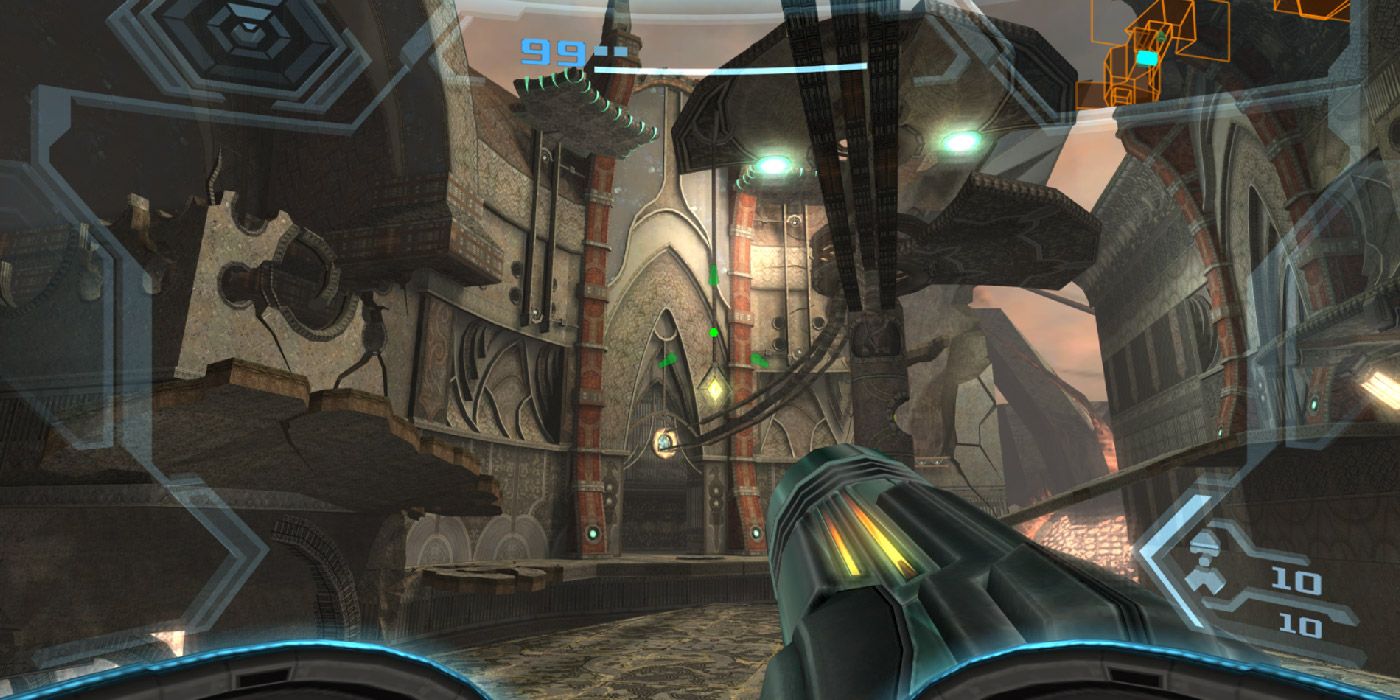 Samus enters a large alien structure in Metroid Prime 3
