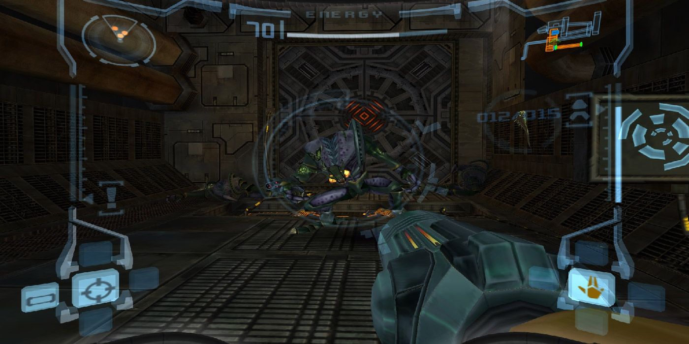 Samus target-locks a space pirate in Metroid Prime