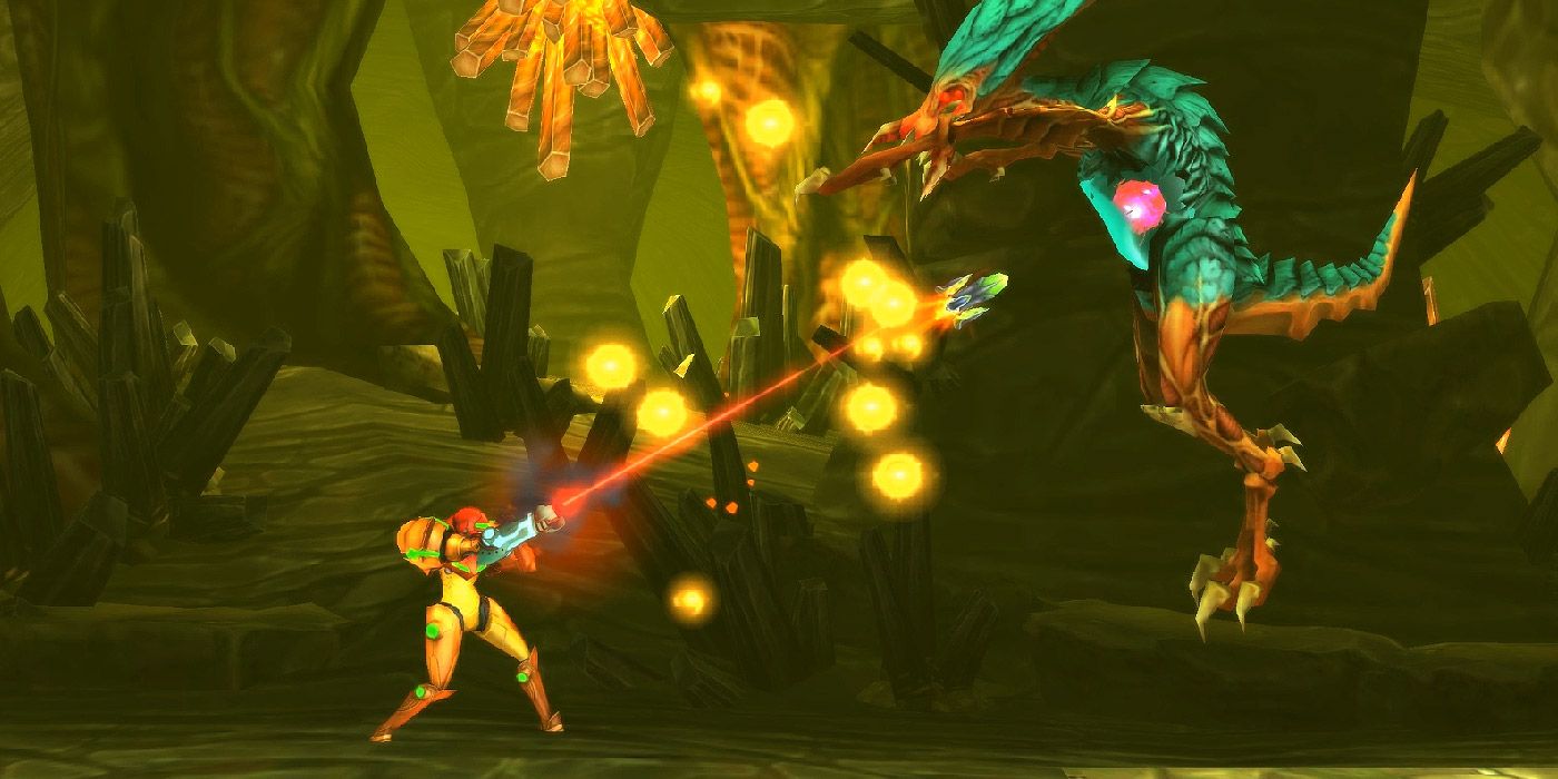 Samus aims her laser cannon at a flying creature in Metroid: Samus Returns