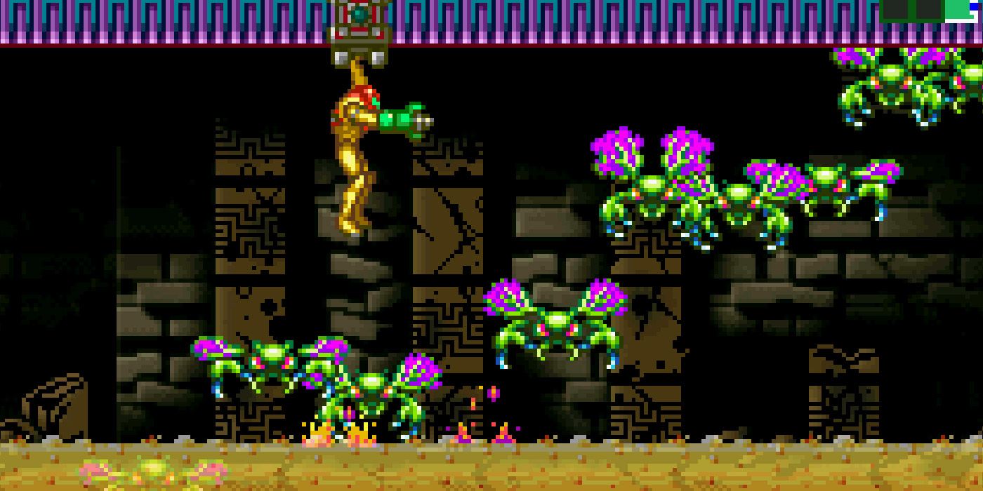 Samus swinging from a trolley and firing on winged insects in Metroid: Zero Mission