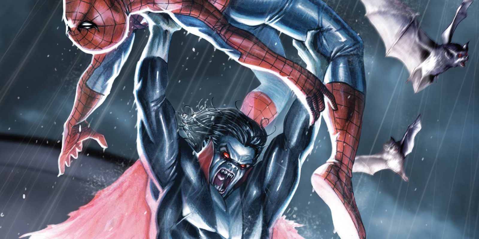 Morbius raises Spider-Man over his head in Marvel Comics.