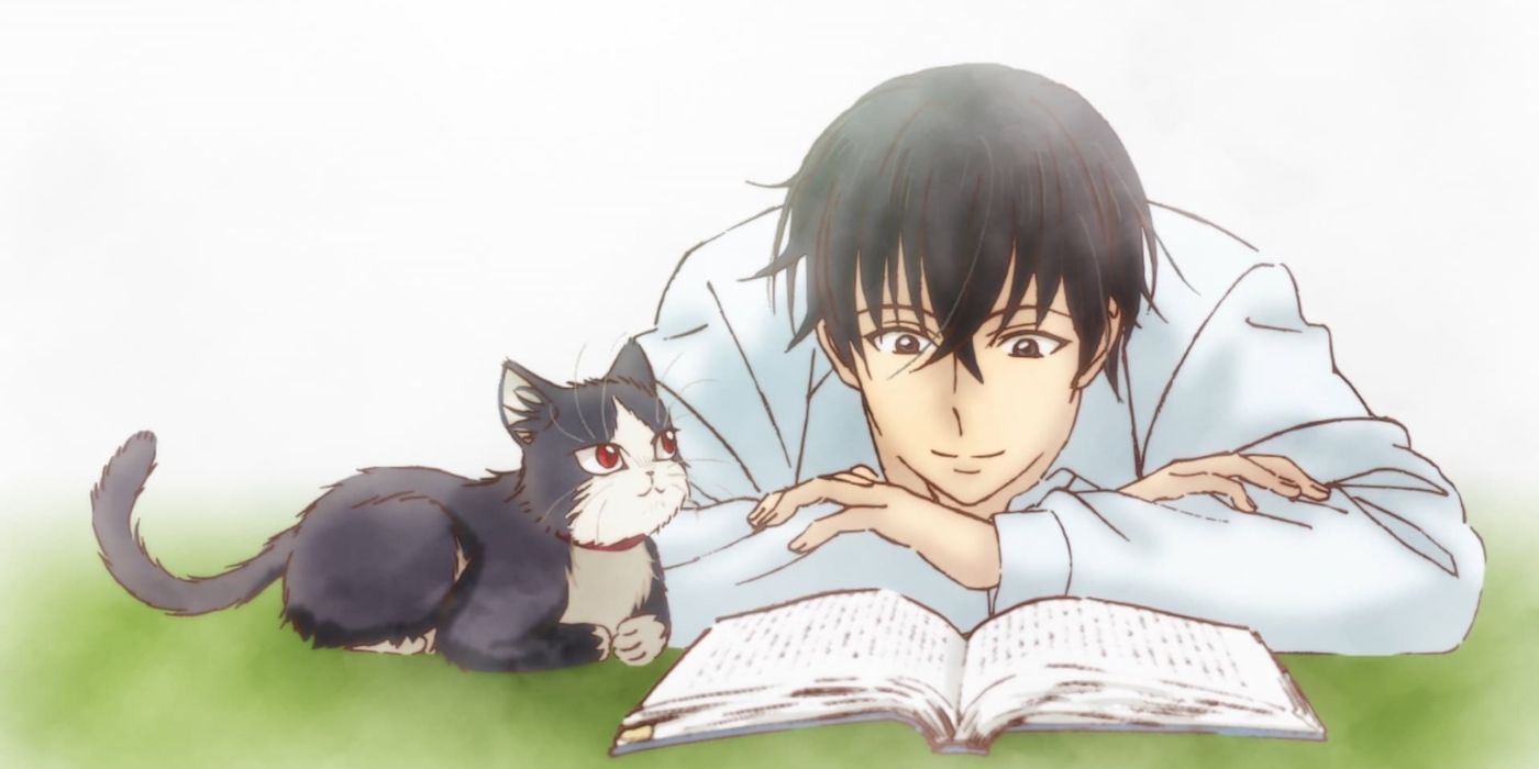 Subaru Mikazuki and his cat Haru read a book together in My Roommate is a Cat.