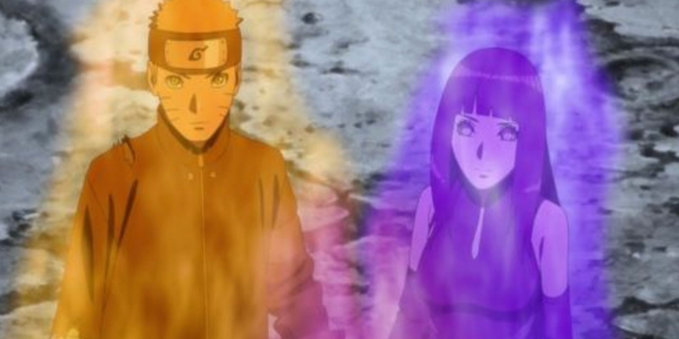 Naruto surrounded by orange chakra and Hinata surrounded by purple chakra in The Last Naruto The Movie