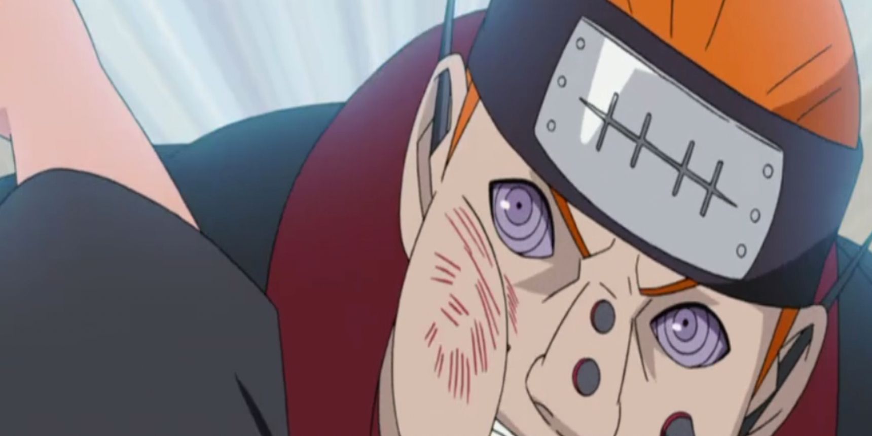 Naruto uses the Frog Kata to land a blow against Pain
