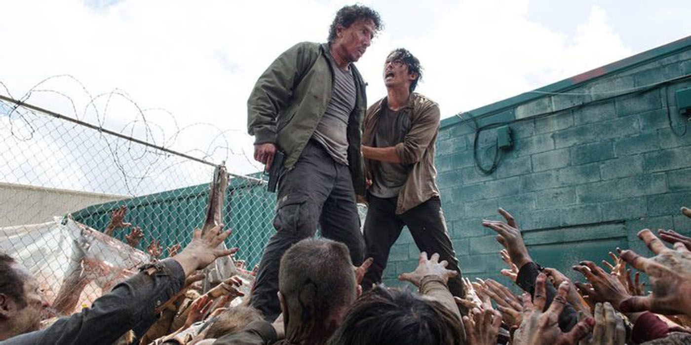 Nicholas and Glenn avoiding zombies on The Walking Dead.