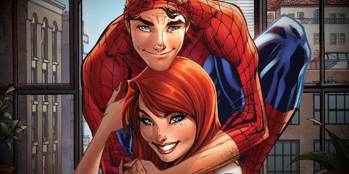 Peter hugs MJ in Marvel Comics in the background of a glass window