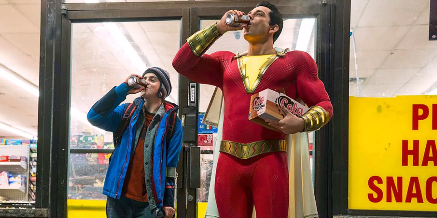 Shazam and Freddy drinking cola outside of a store