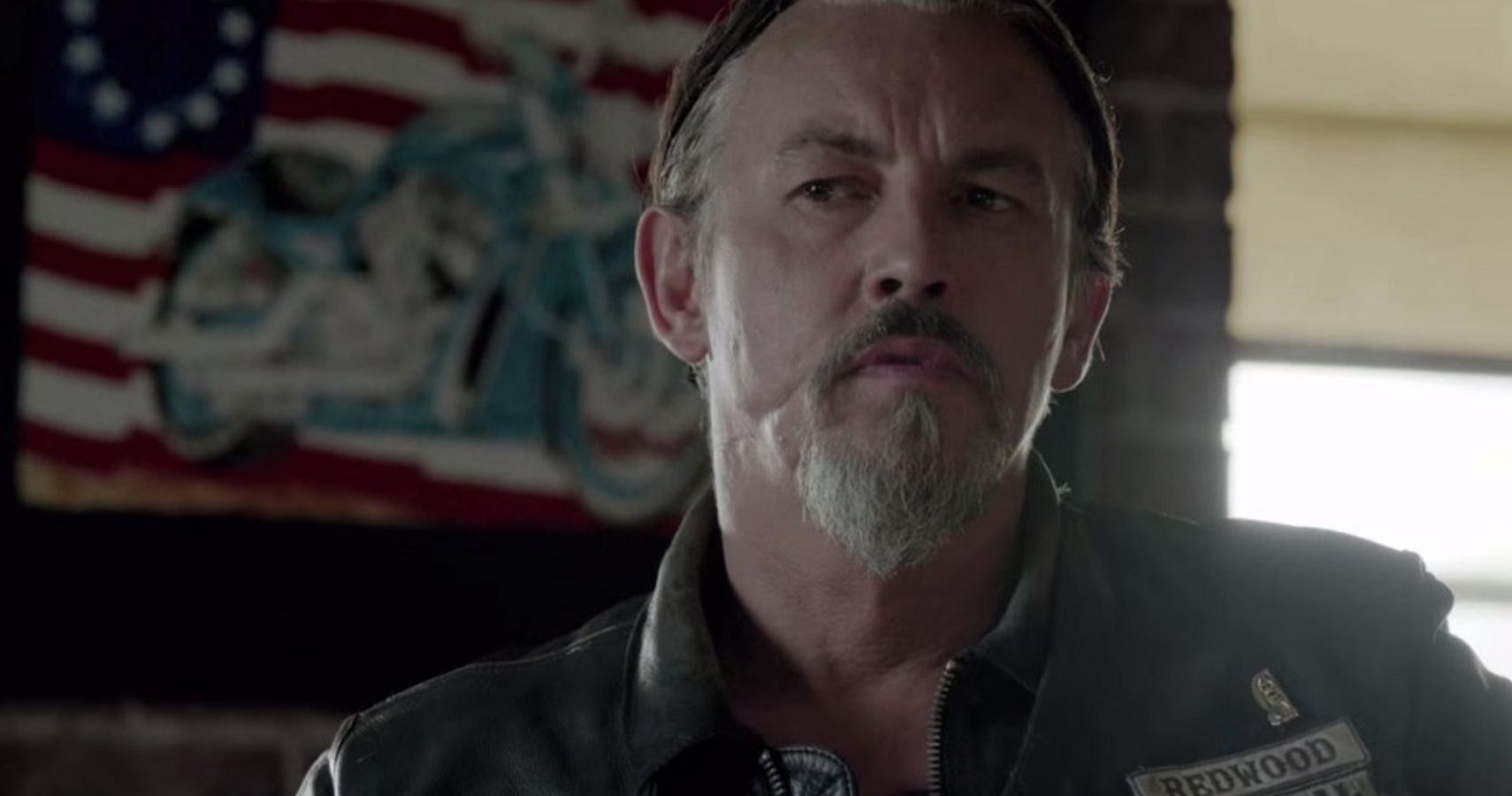 SAMCRO Vice President Chibs Telford looks on inside the clubhouse