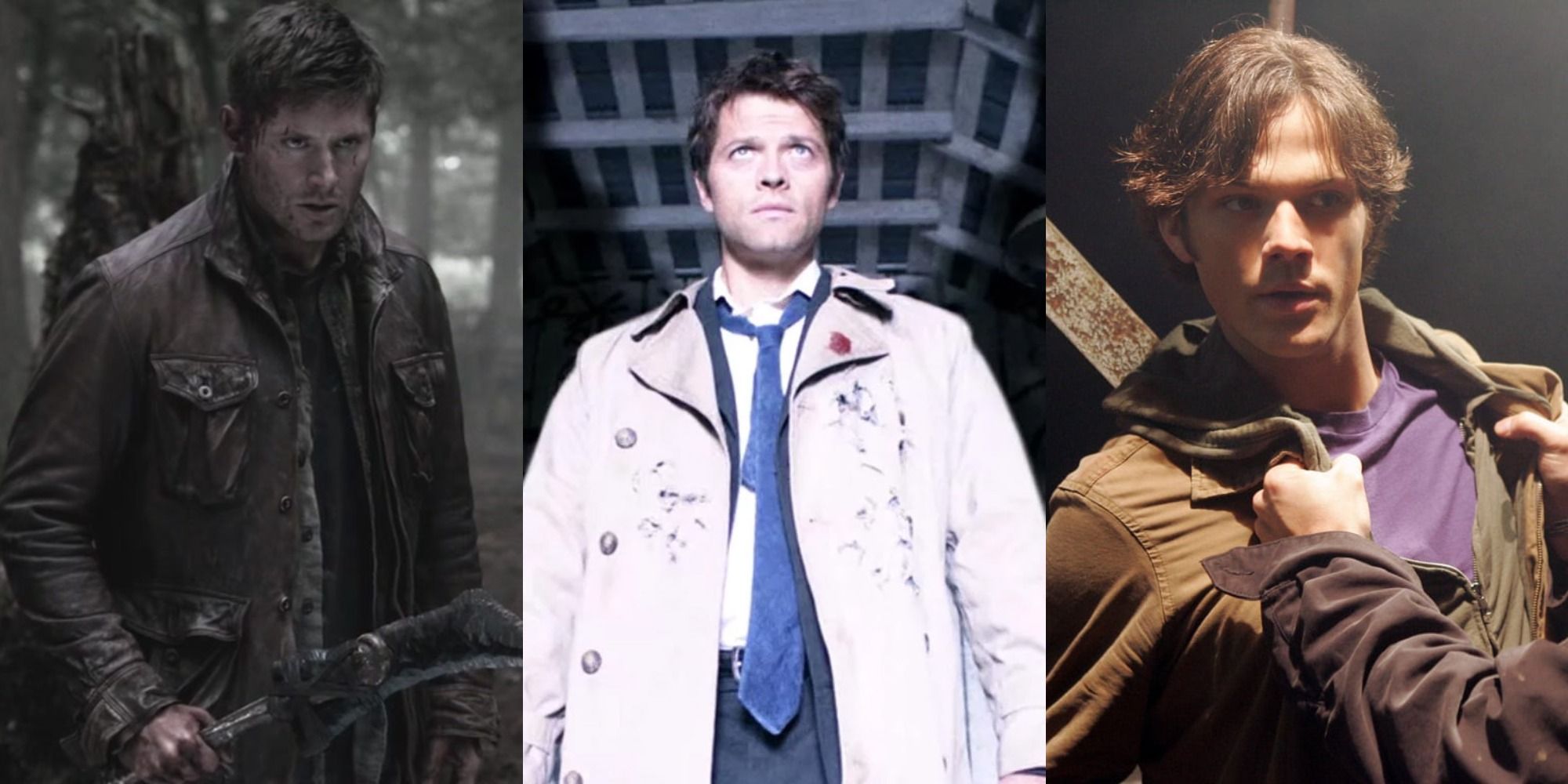 Split image of Dean in Season 8, Castiel in Season 4 and Sam in Season 1 of Supernatural