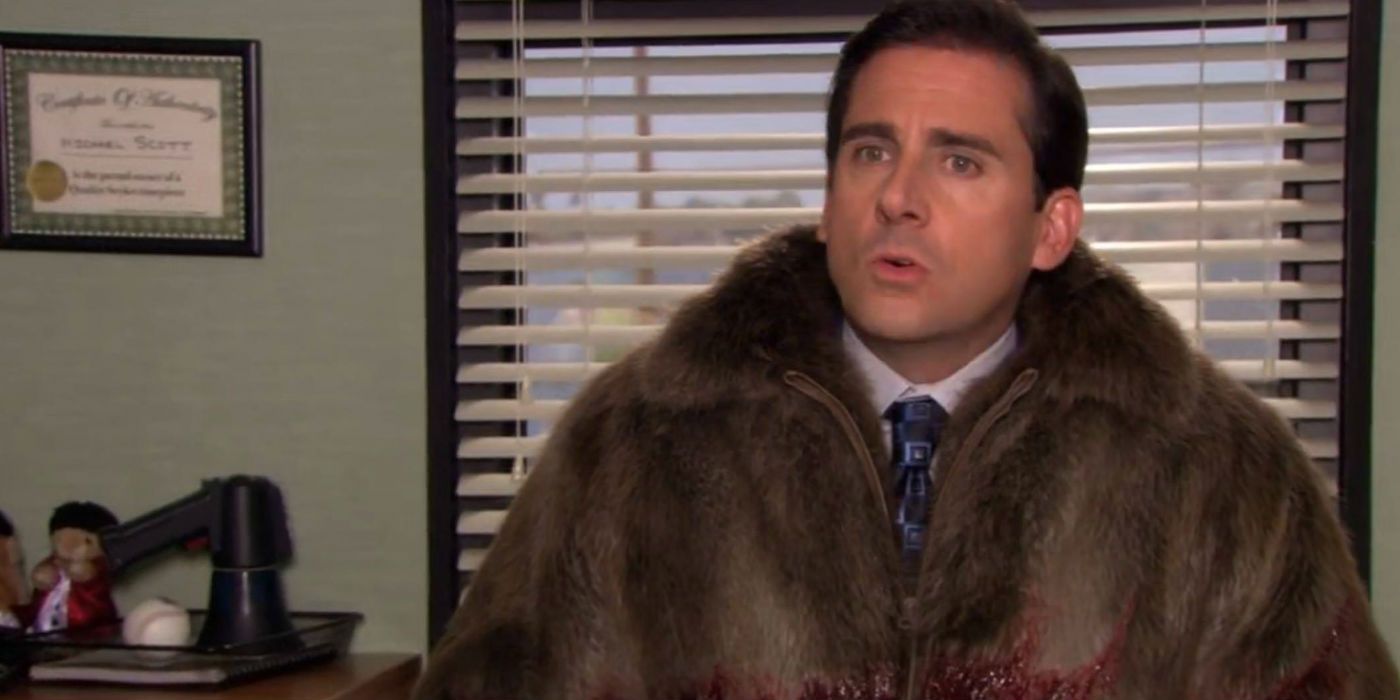Steve Carrell as Michael Scott in a fur coat in The Office