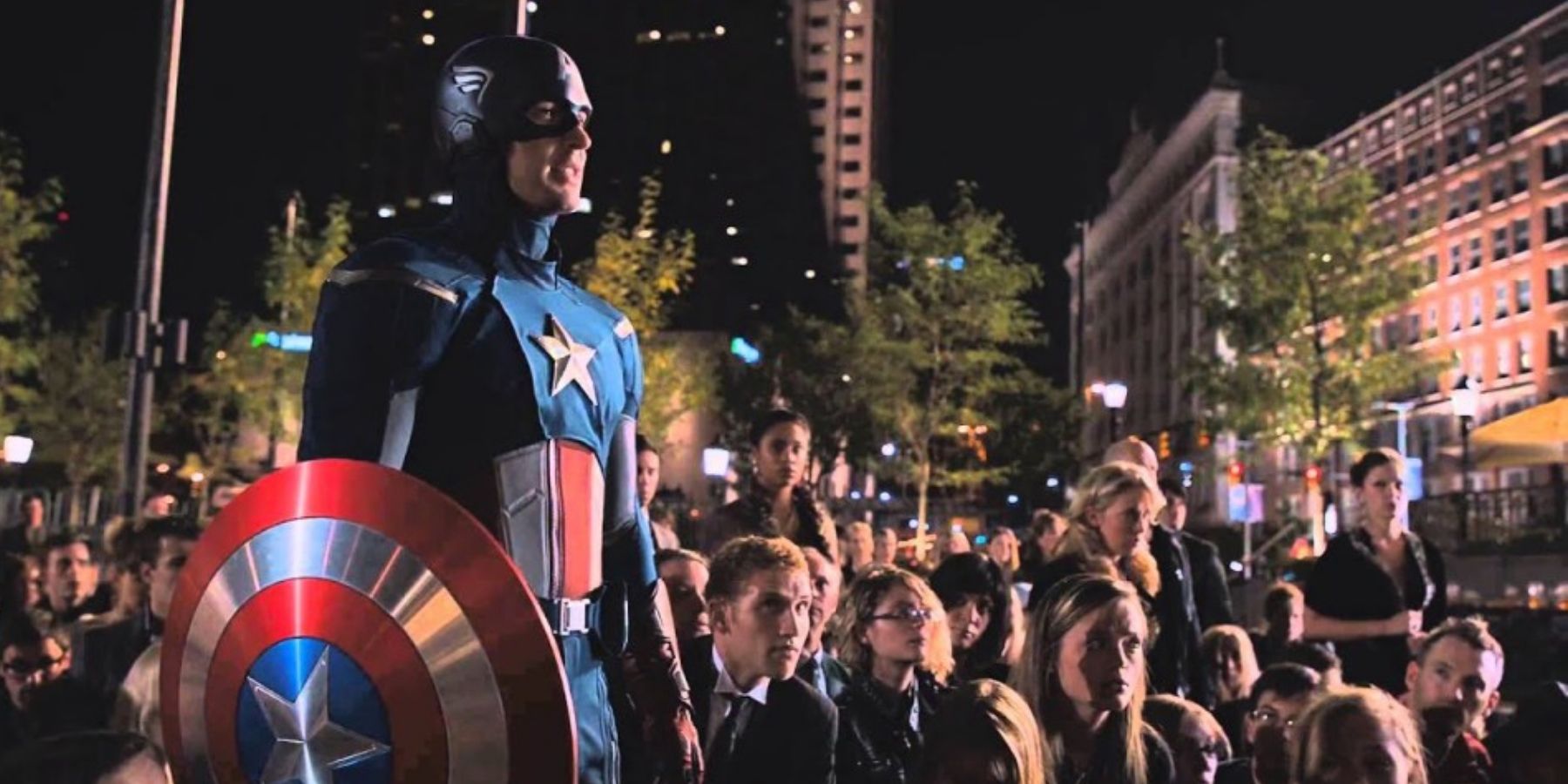 Steve Rogers speaks to Loki from the crowd in The Avengers
