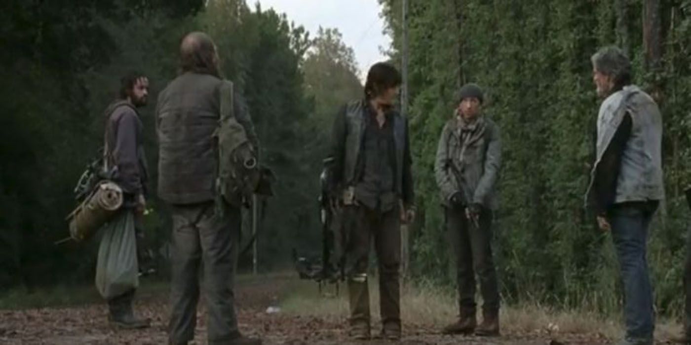 The Claimers surround Daryl on The Walking Dead.