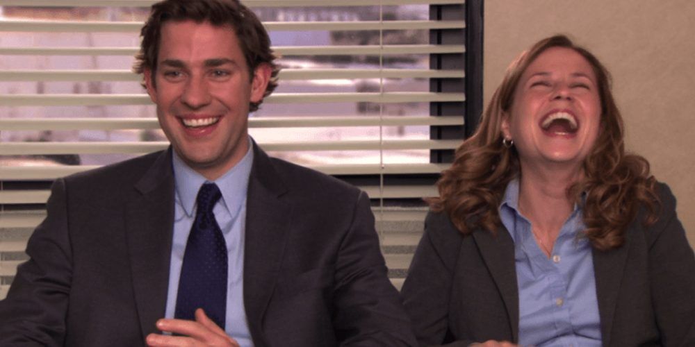 The Office Jim Pam Laughing To Camera