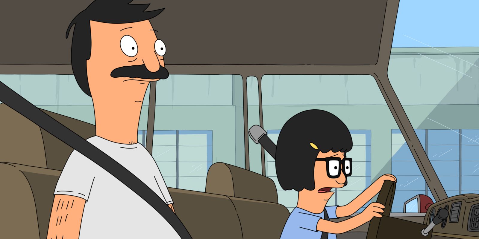 Tina drives a car with Bob as co-pilot