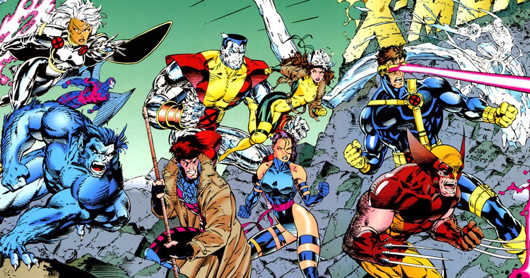 Os X-Men correm para a batalha na capa desdobrável da história em quadrinhos X-Men #1 de 1991.