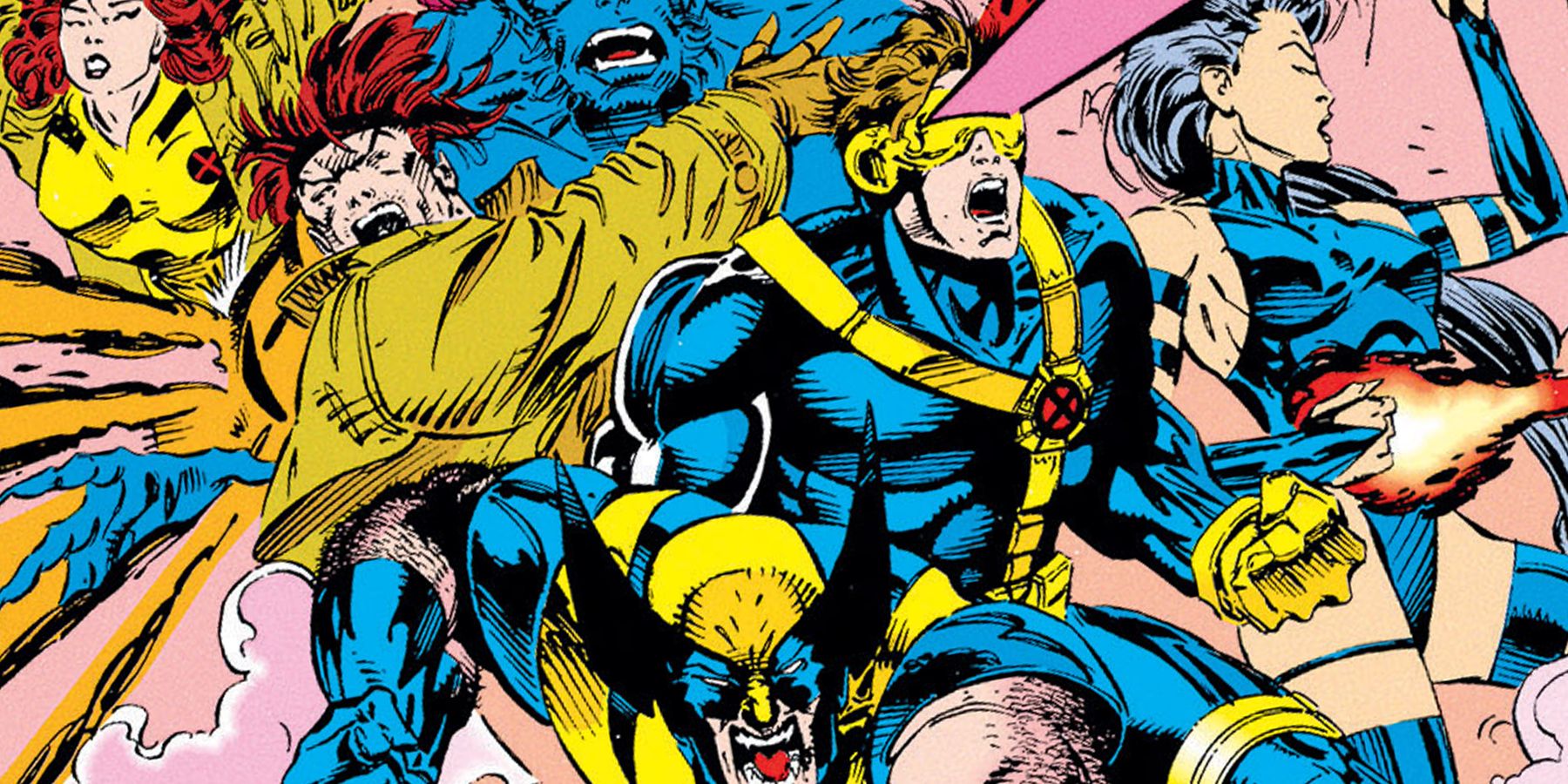 A group shot of X-men fighting in a marvel comic.