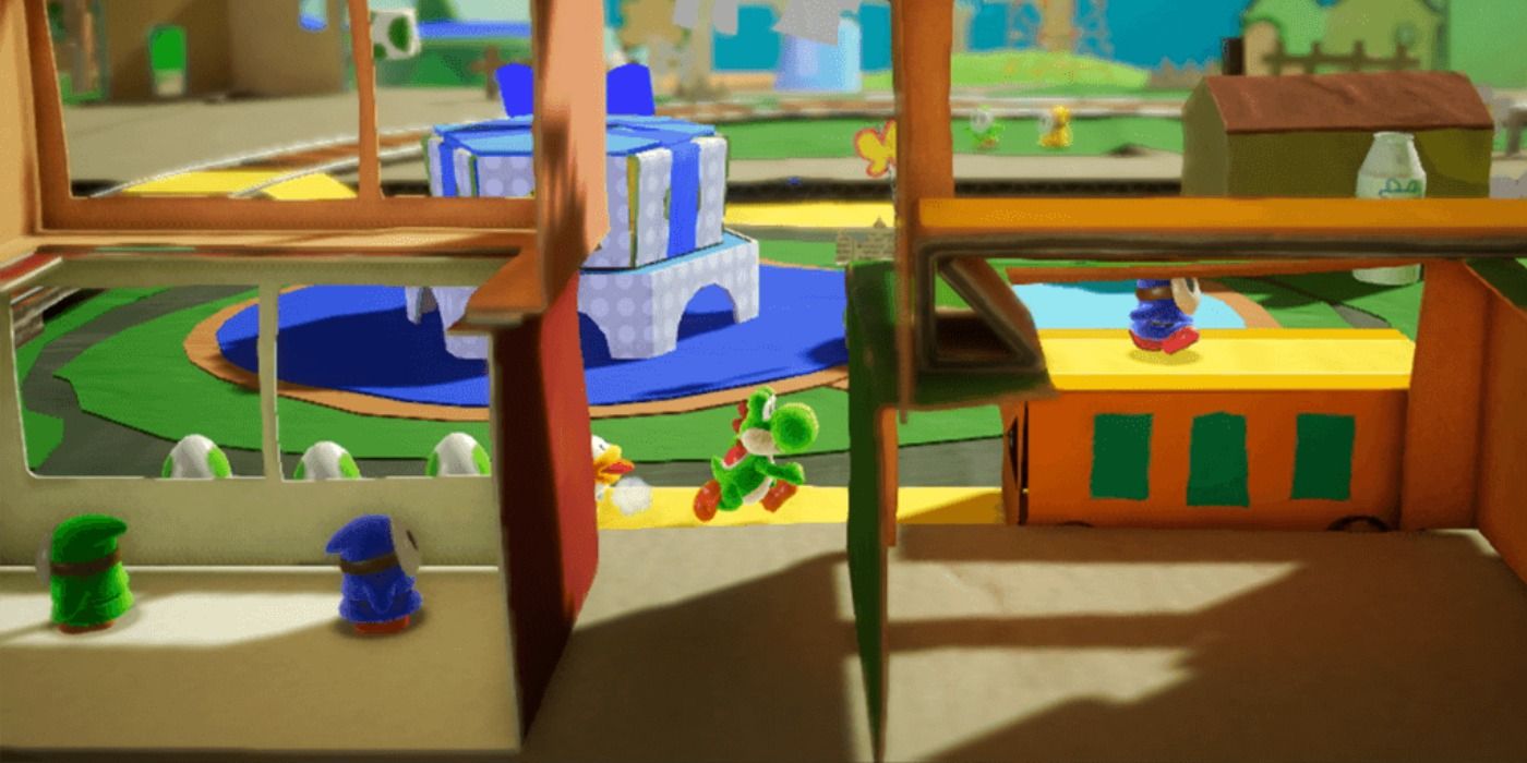 Yoshi on a flipped track in Yoshi's Crafted World 