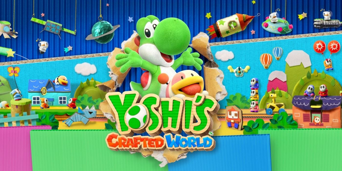 Yoshi's Crafted World logo with Yoshi and Poochy coming out of what looks like a hole in cardboard with a diorama behind them of the game