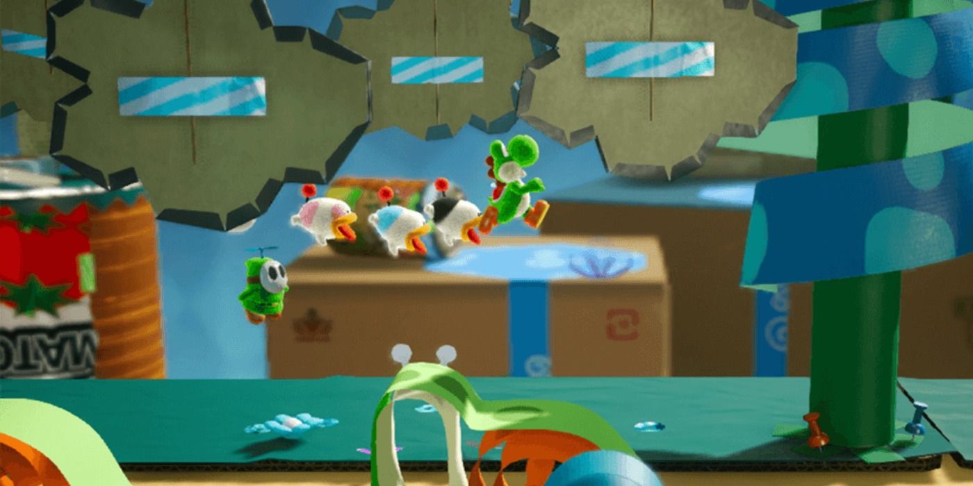 Yoshi with dogs in Yoshi's crafted world 