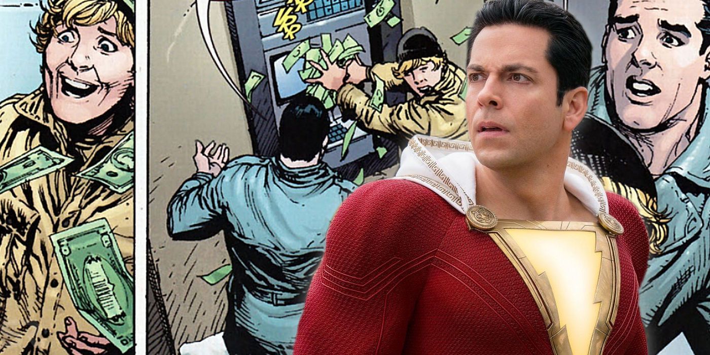Zachary Levi as Shazam with DC Comics Background of ATM Robbery