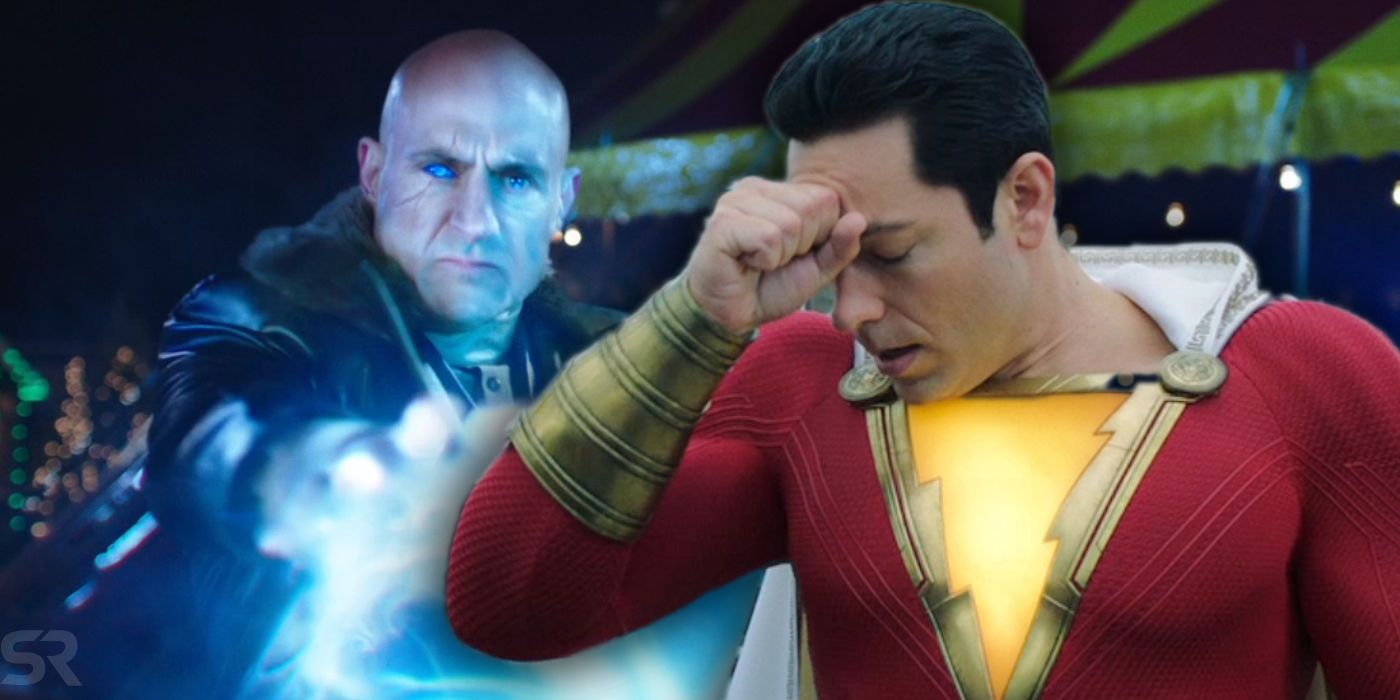 Zachary Levi in Shazam with Mark Strong as Dr Sivana