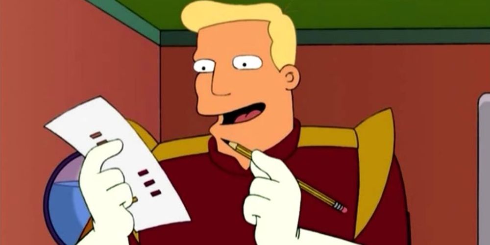 Zapp Brannigan holding a pencil and paper in an episode of Futurama.