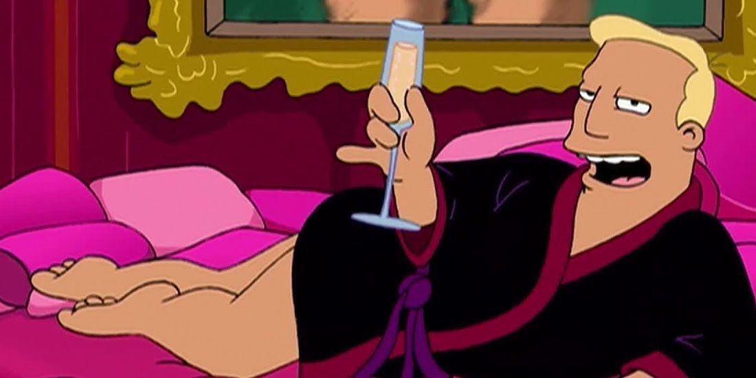 Zapp Brannigan holding a glass of champagne in bed in Futurama