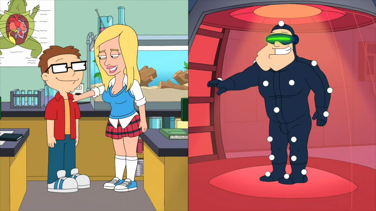 Split image of Steve, Alyson Hannigan's cahracter, and Stan on American Dad!