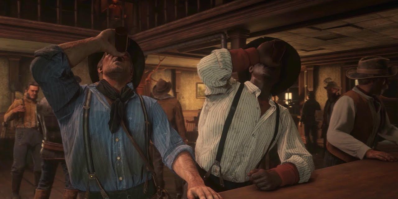 Arthur Morgan and John downing drinks at a bar in Red Dead Redemption 2