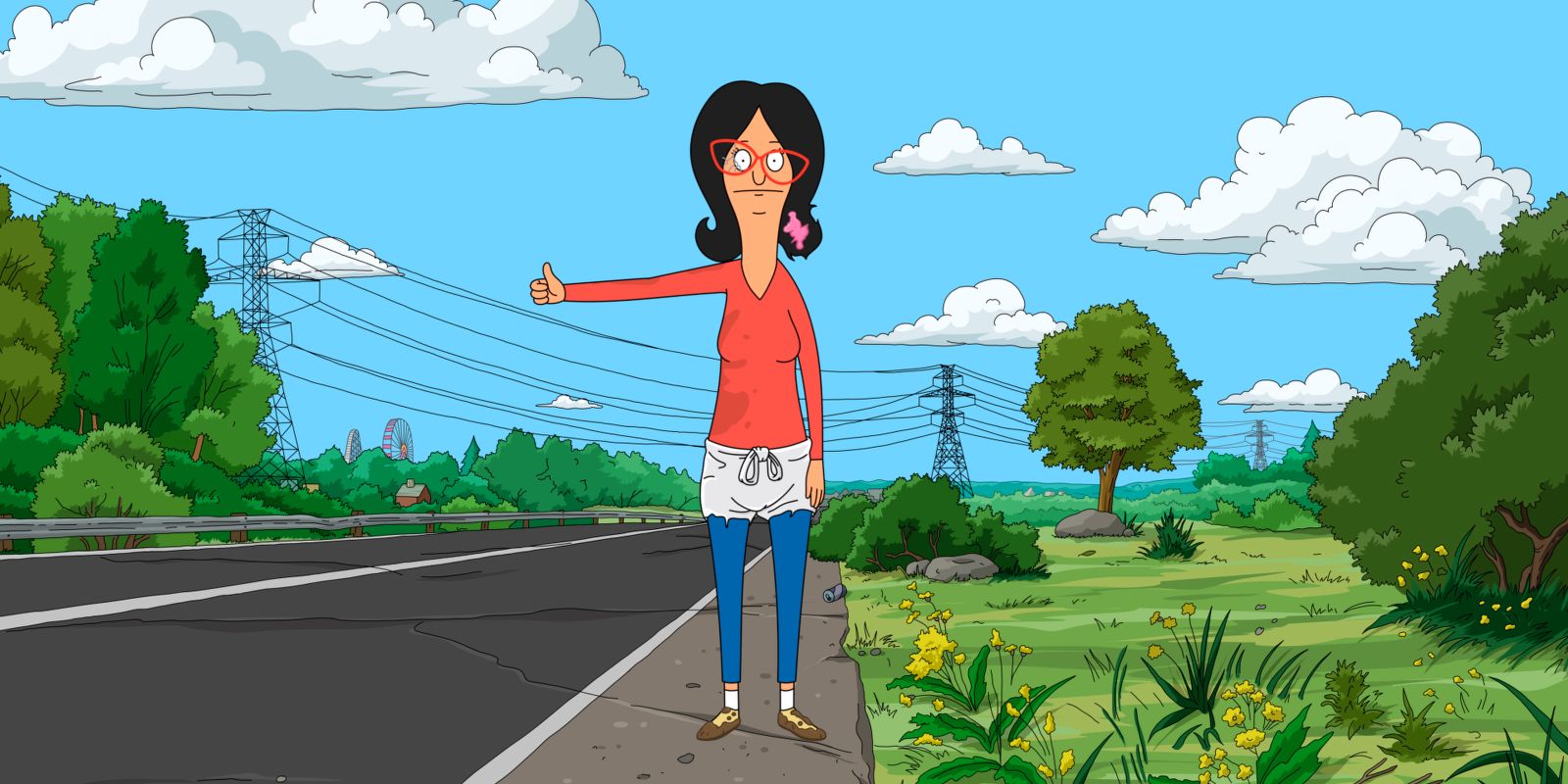 Linda hitchhikes on the side of a highway from Bob's Burgers 