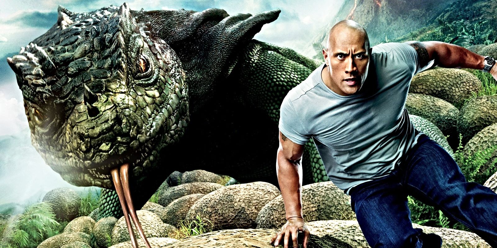 Dwayne Johnson runs away from a giant lizard on the poster for Journey 2: The Mysterious Island.
