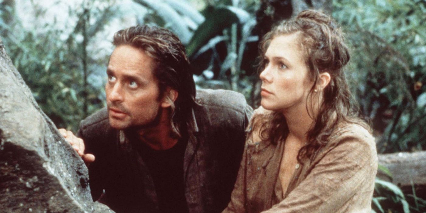 Michael Douglas et Kathleen Turner traversent la jungle dans Romancing the Stone