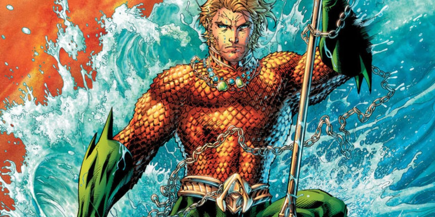 The New 52 design of Aquaman emerges from a crashing wave