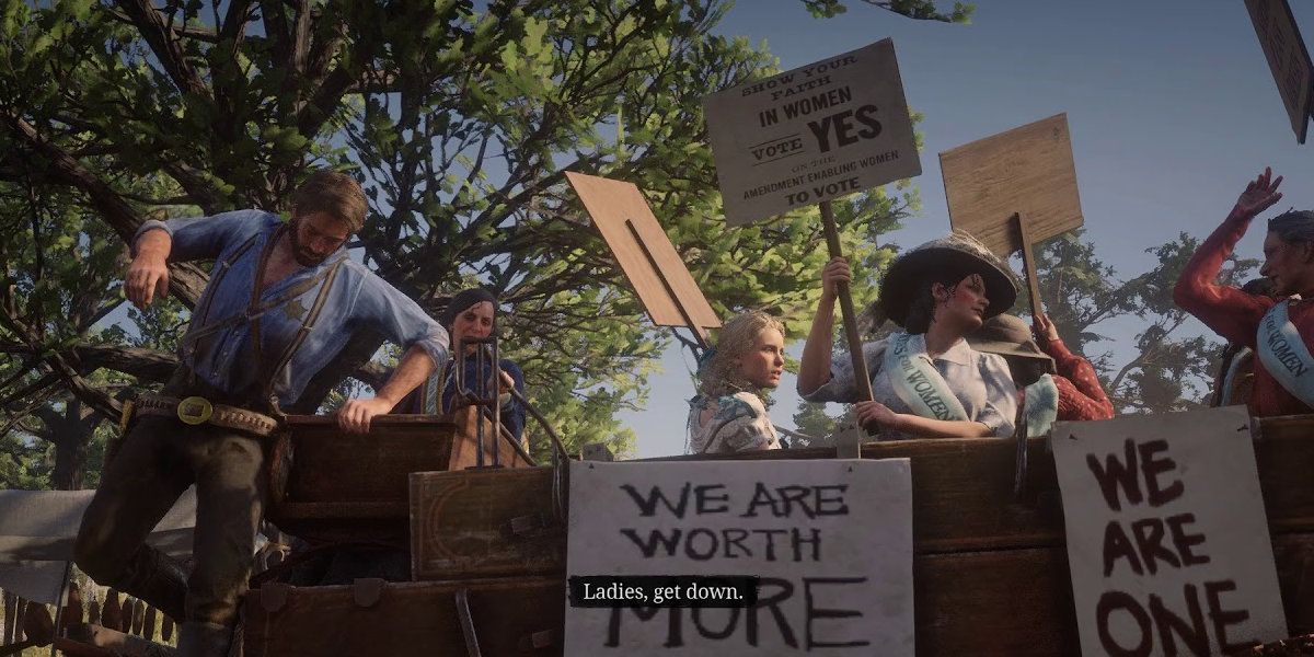 Women protest for voting rights in Red Dead Redemption 2