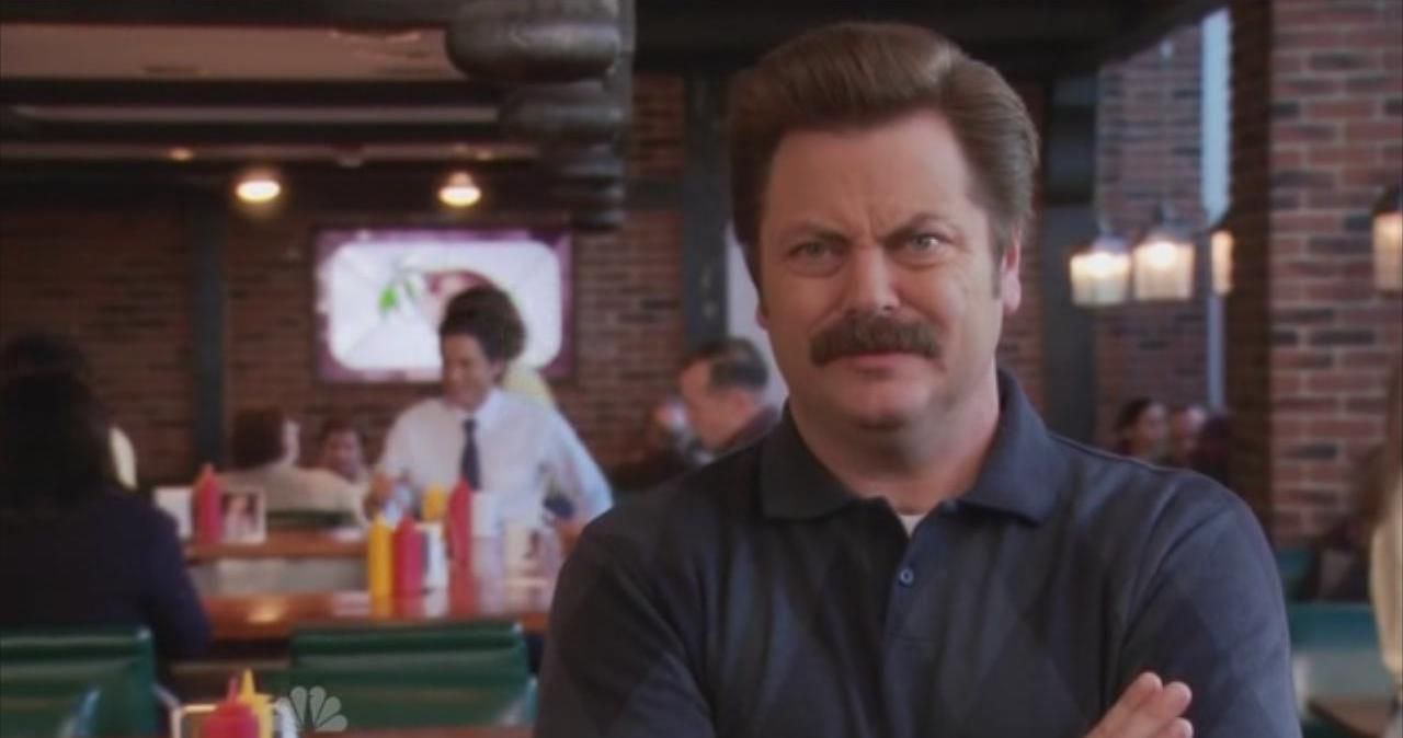 Ron Swanson Talking To The Camera Arms Crossed
