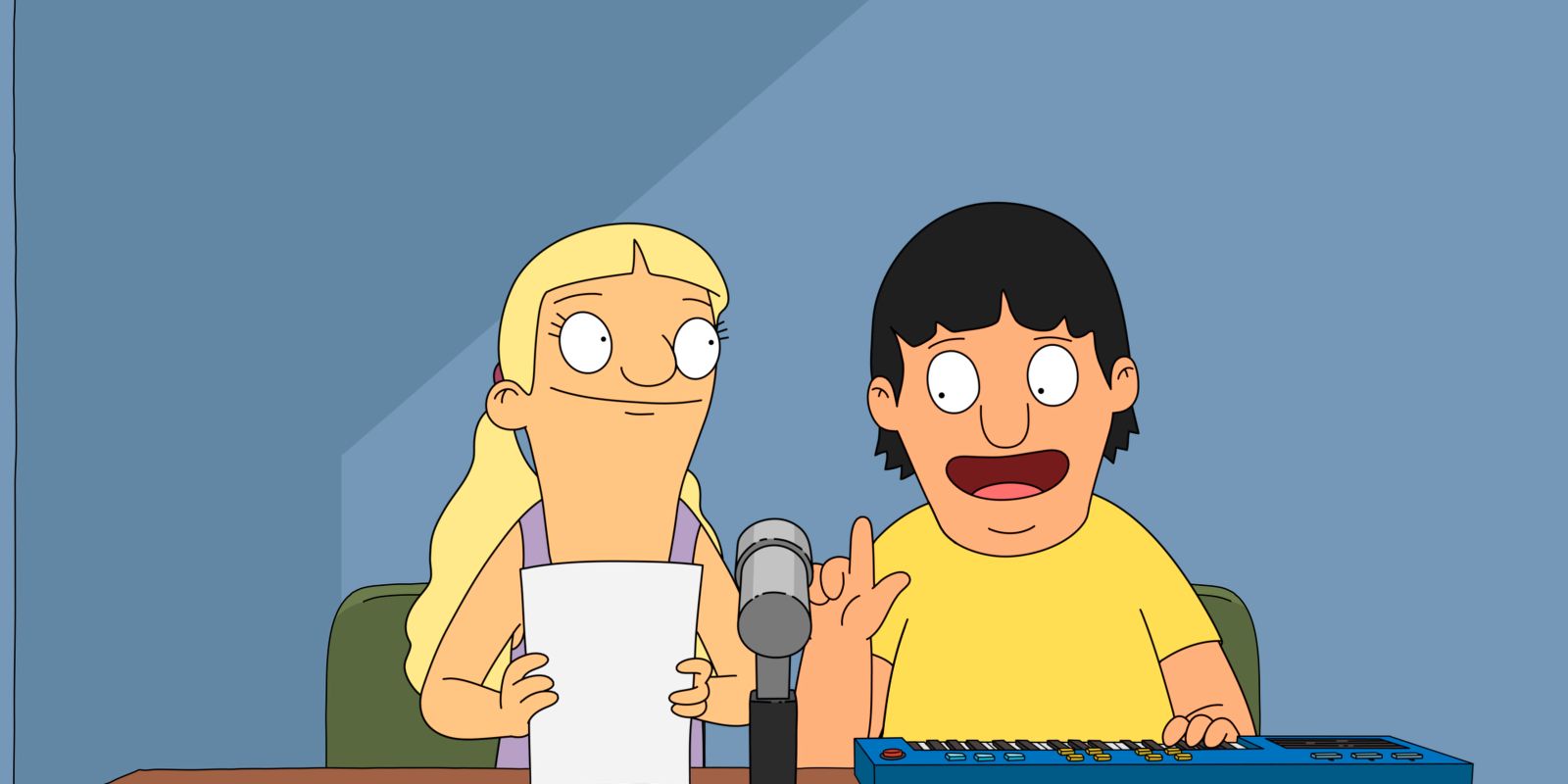 Gene and Courtney sitting together in Bob's Burgers