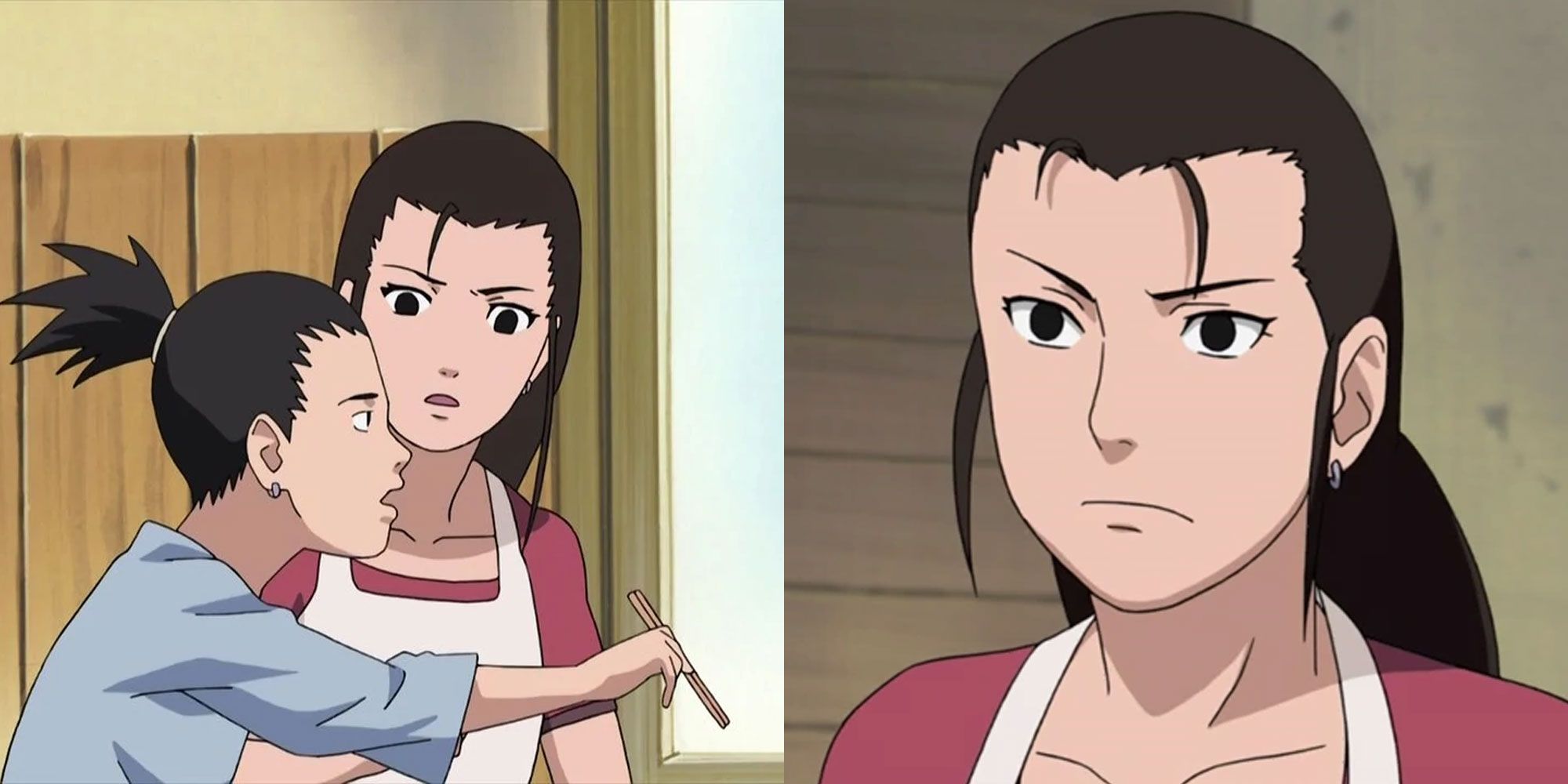 A split image depicts Yoshino with a young Shikamaru and a closeup of Yoshino's face in Naruto Shippuden