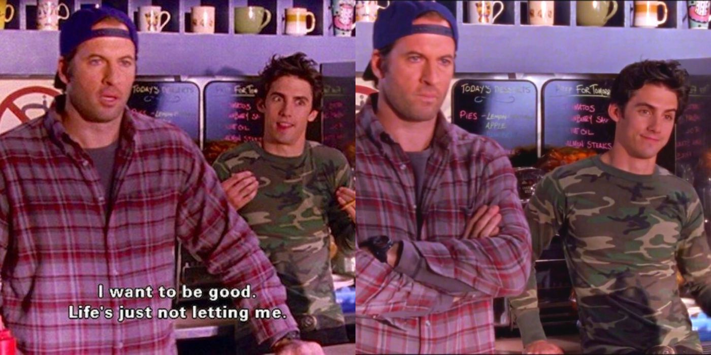 A split image of Jess and Luke talking at he diner on Gilmore Girls