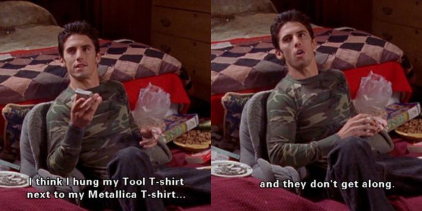 A split image of Jess talking about his t-shirts on Gilmore Girls