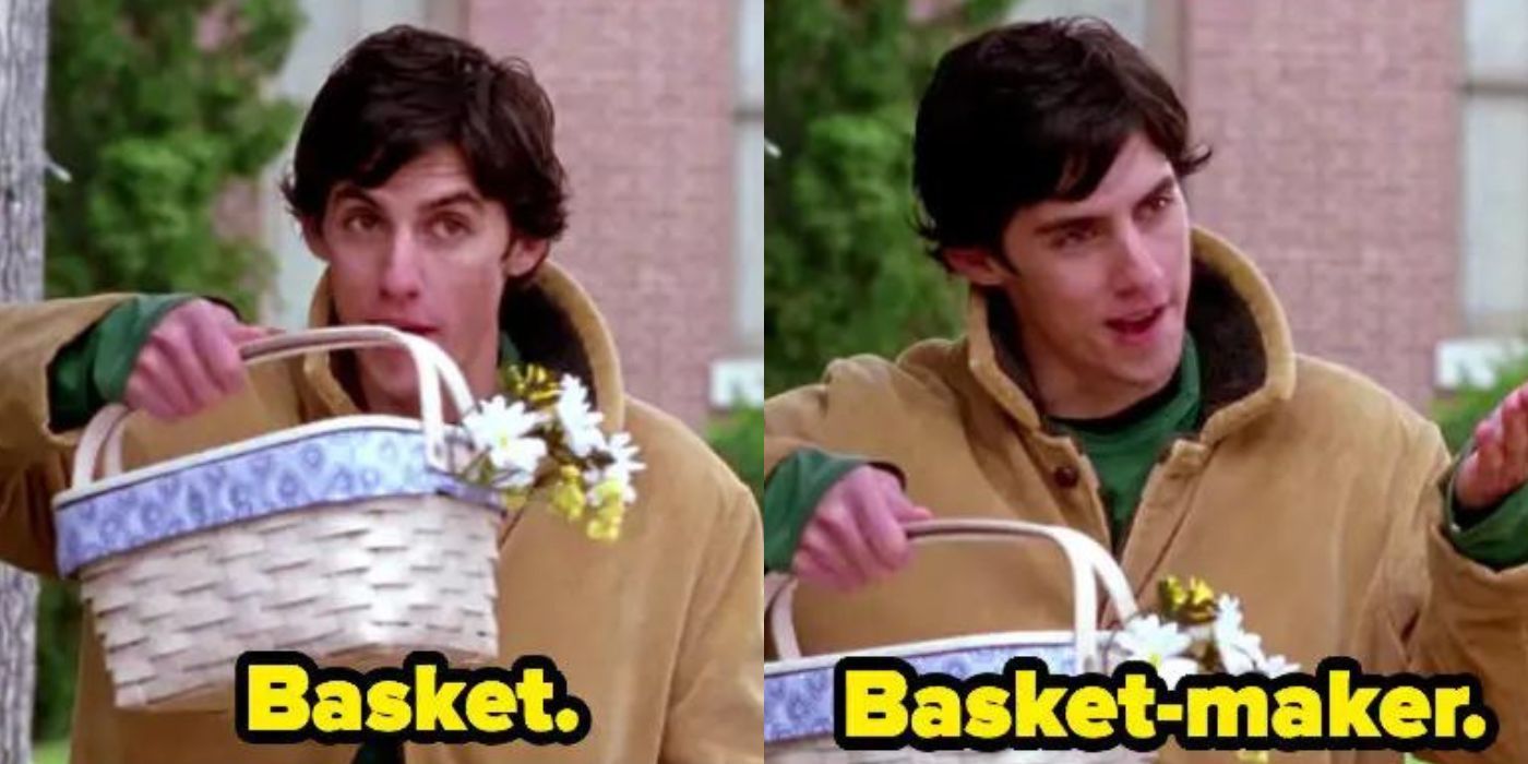 A split image of Jess teasing Dean about baskets on Gilmore Girls
