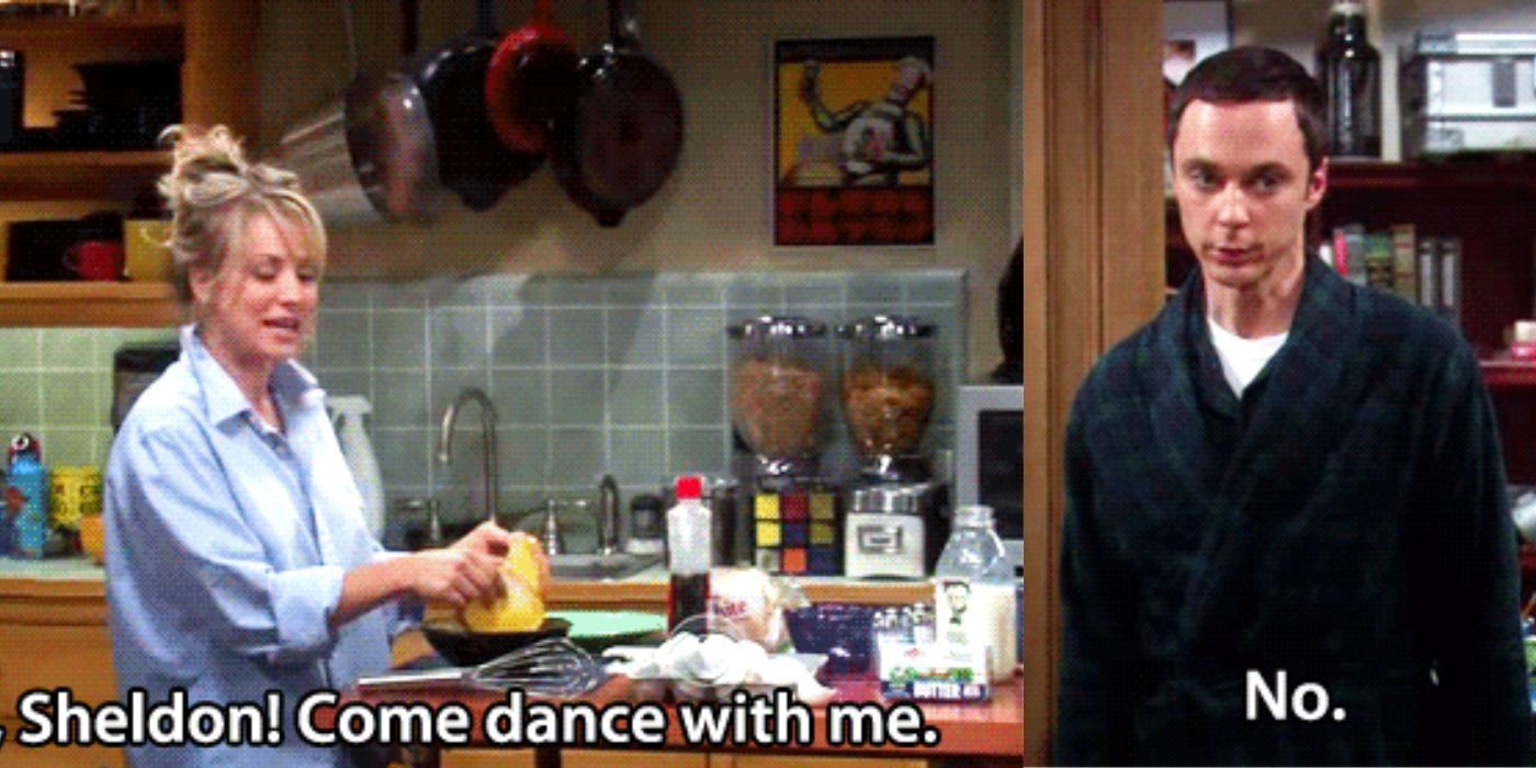 A split image of Penny asking Sheldon to dance on TBBT