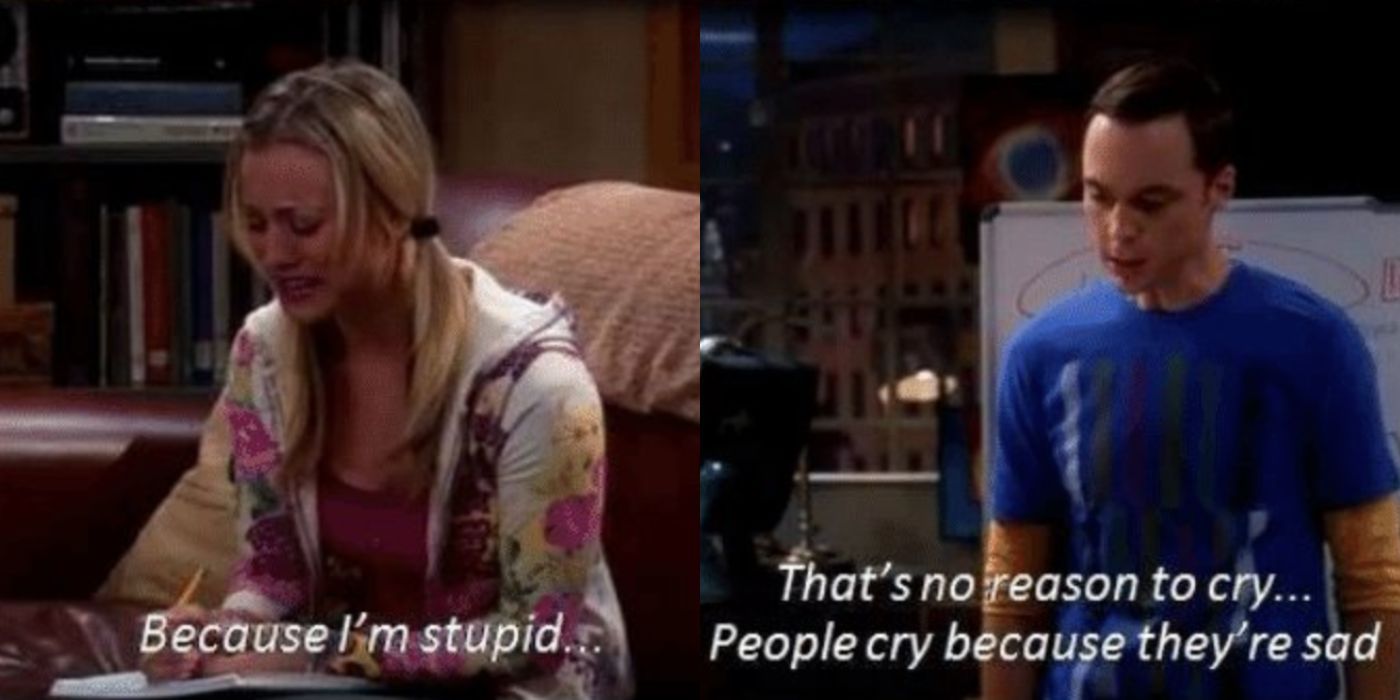 A split image of Penny crying to Sheldon on TBBT