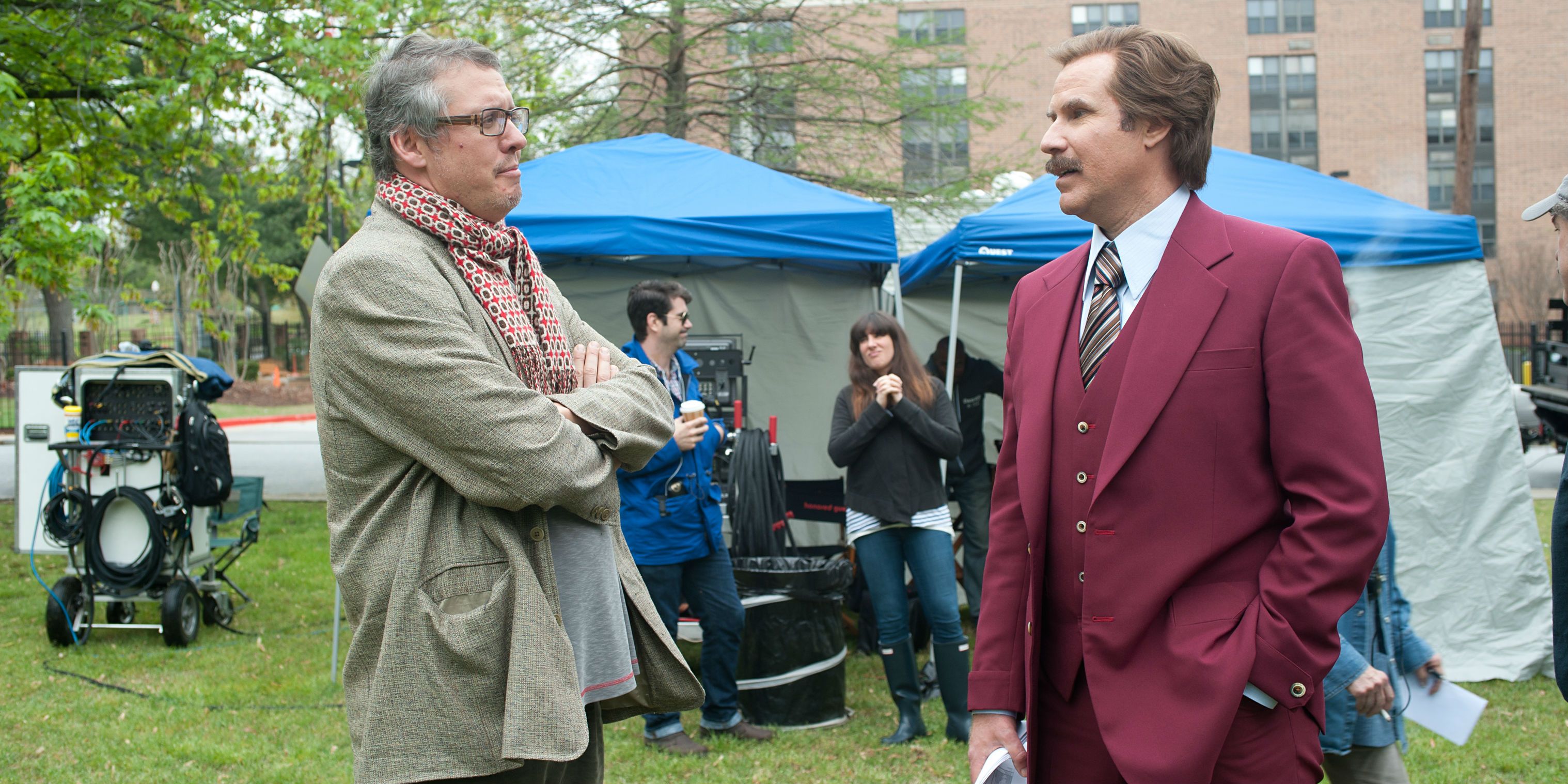 Adam McKay and Will Ferrel filming on the set of Anchorman
