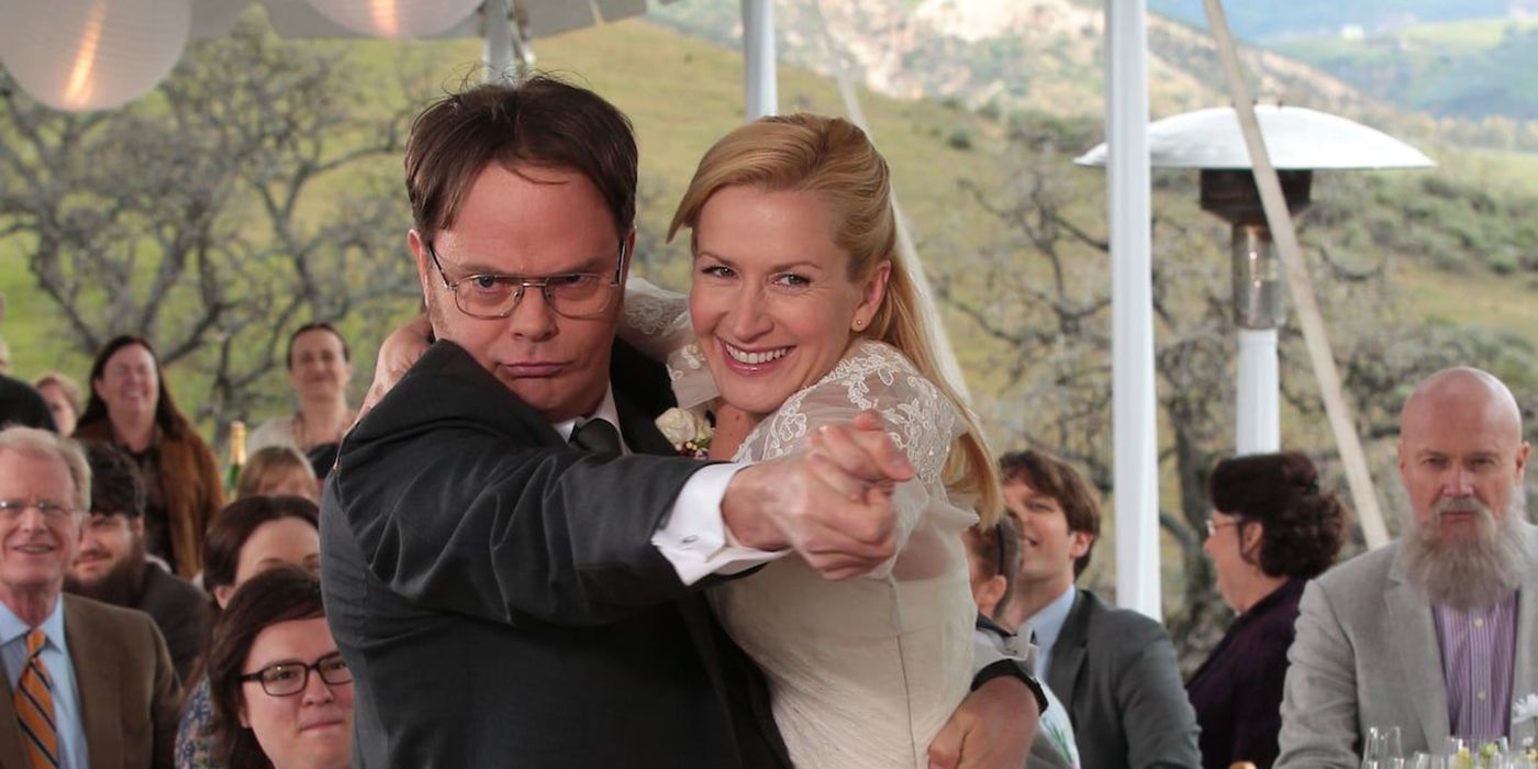 Angela Martin and Dwight Schrute dancing on their wedding day in The Office
