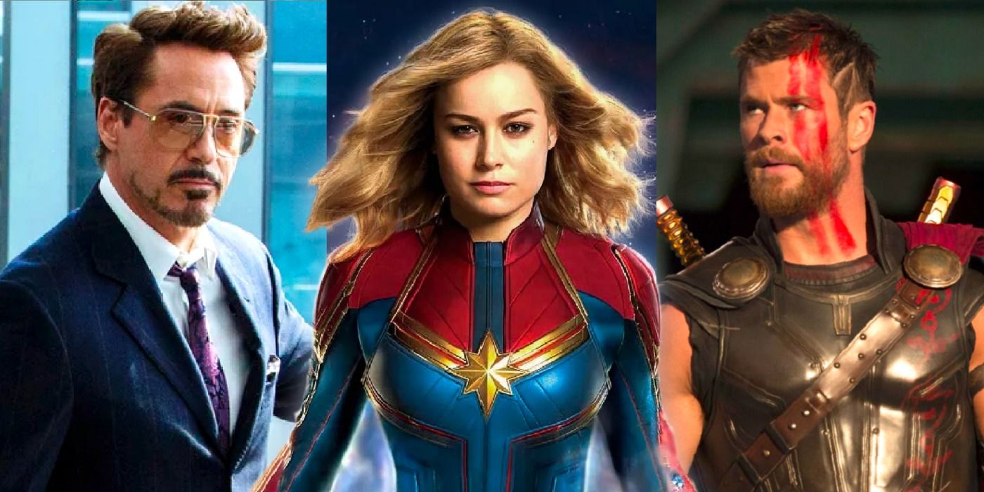 A blended image features Tony Stark, Carol Danvers, and Thor as they appear in the MCU
